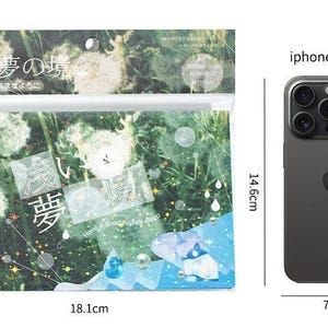 Op de afbeelding: Een stickerpakket met een dromerig, door de natuur ge&iuml;nspireerd ontwerp, met paardenbloemen en Japanse tekst. Het stickerpakket meet 18,1 cm x 15,8 cm. Een iPhone 15 Pro wordt ter vergelijking getoond, met afmetingen van 14,6 cm x 7 cm.