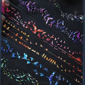 May include: Decorative washi tape rolls featuring colorful bird designs. The tapes showcase various bird species in flight and perched on lines, with iridescent and metallic finishes. The background is black.