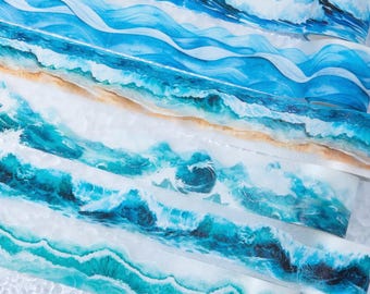 Ocean Wave Glitter PET Washi Tape –Blue Sea Scrapbook Tape, Holographic Beach Waves, Layered Shoreline Journal Decor, Aesthetic Craft Supply