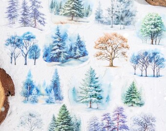 Winter Snow Forest Tree Stickers Set – PET Waterproof Deco Stickers, Frost Pine Woodland, Scrapbooking Journal, Christmas Craft Gift