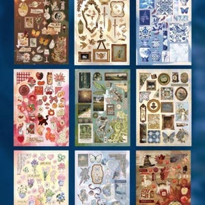 May include: Starlight Memories collage sticker pack with 30 sheets of coated paper. Each sheet measures 4 x 5.6 inches. The pack includes stickers with glitter, matte, and textured finishes. The stickers feature vintage-style illustrations.