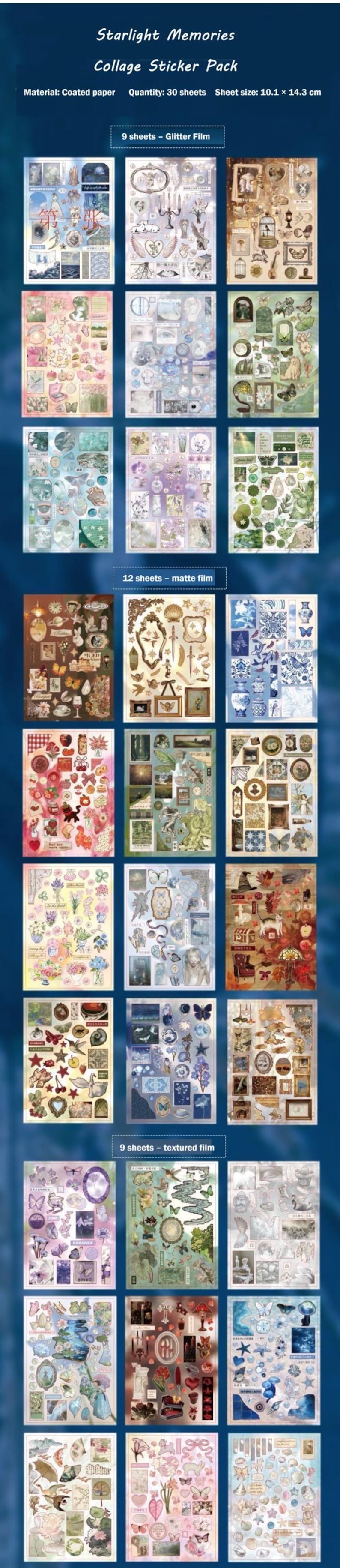 May include: Starlight Memories collage sticker pack with 30 sheets of coated paper. Each sheet measures 4 x 5.6 inches. The pack includes stickers with glitter, matte, and textured finishes. The stickers feature vintage-style illustrations.