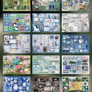 Op de afbeelding: Een verzameling decoratieve stickers op 27 pagina's gecoat papier met een matte afwerking. De stickers bevatten verschillende ontwerpen, waaronder vlinders, sterren en andere grillige elementen. Het kleurenpalet omvat blauw, groen, roze en wit.