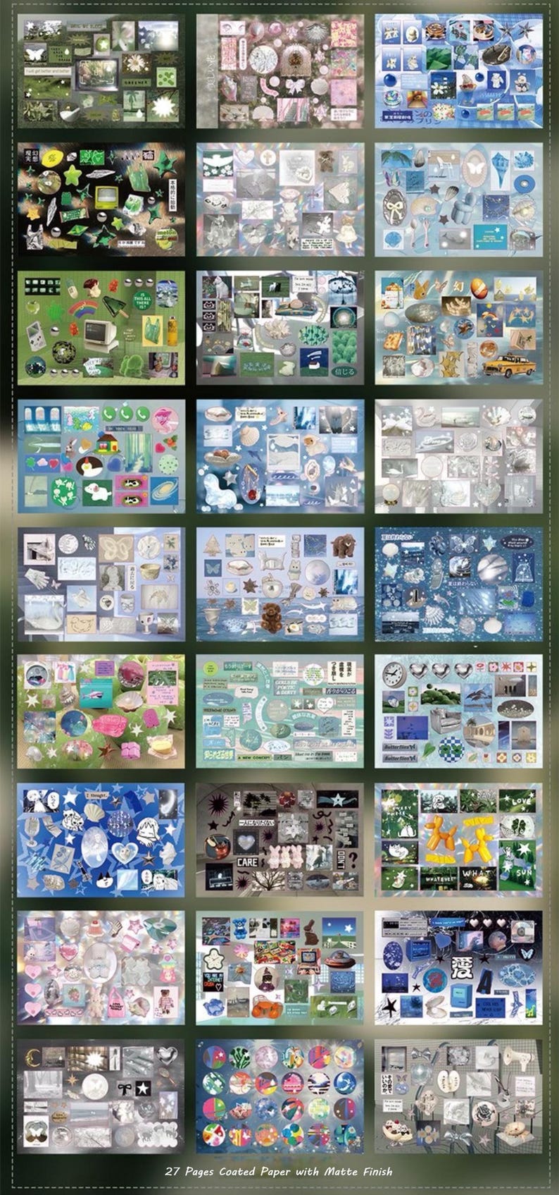 Op de afbeelding: Een verzameling decoratieve stickers op 27 pagina's gecoat papier met een matte afwerking. De stickers bevatten verschillende ontwerpen, waaronder vlinders, sterren en andere grillige elementen. Het kleurenpalet omvat blauw, groen, roze en wit.