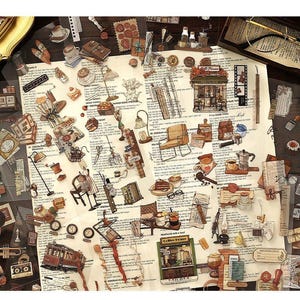 May include: A collection of vintage-themed stickers featuring various objects like coffee cups, lamps, chairs, and books. The stickers are arranged on a background of printed paper, creating a collage effect. The color palette includes browns, creams, and touches of gold.