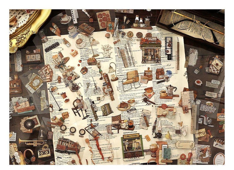 May include: A collection of vintage-themed stickers featuring various objects like coffee cups, lamps, chairs, and books. The stickers are arranged on a background of printed paper, creating a collage effect. The color palette includes browns, creams, and touches of gold.