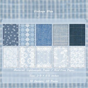 May include: A collection of ten blue and white patterned paper designs, each with a unique texture, including floral, argyle, and lace patterns. The text "Vintage Blue" is at the top. The paper is 3.9 x 5.5 inches.