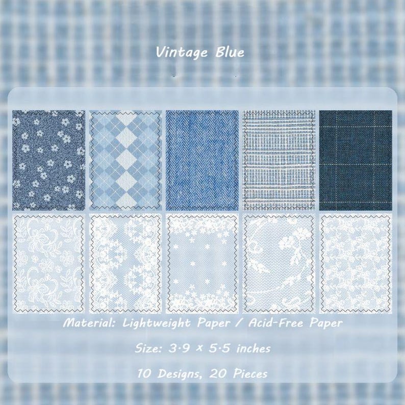 May include: A collection of ten blue and white patterned paper designs, each with a unique texture, including floral, argyle, and lace patterns. The text "Vintage Blue" is at the top. The paper is 3.9 x 5.5 inches.
