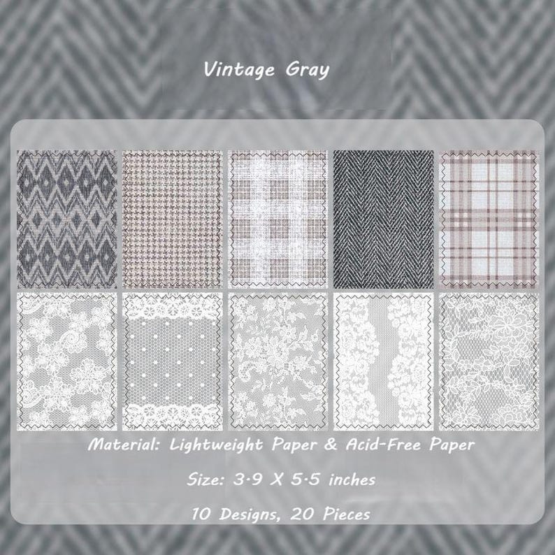 Vintage Lace Pattern Paper Pack – Scrapbook & Junk Journal Background Paper, Fabric Texture Collage Paper, Vintage Aesthetic Paper Sheets Vintage Gray Lace