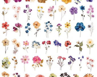 Pressed Flower Stickers 50pcs | Botanical Journal Stickers | Junk Journal Supplies | Scrapbook Floral Stickers | Aesthetic Planner Decor