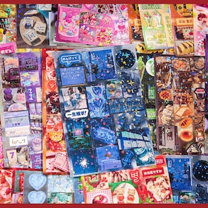 May include: A collection of colorful stickers with various designs, including desserts, hearts, and cityscapes. The stickers feature text in multiple languages and are arranged on a red background.