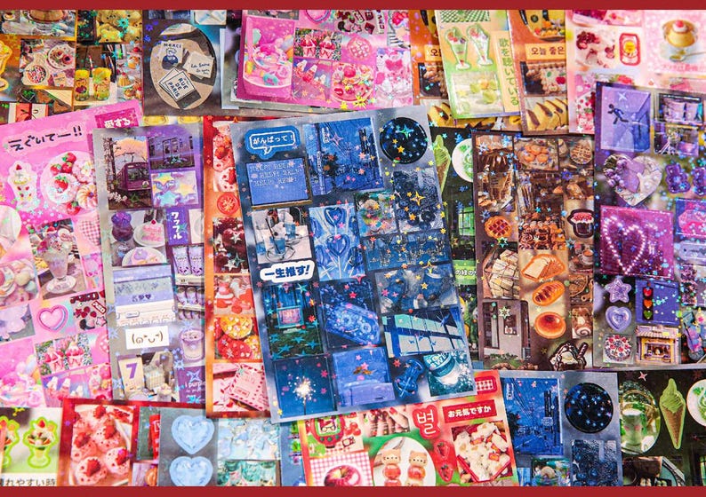 May include: A collection of colorful stickers with various designs, including desserts, hearts, and cityscapes. The stickers feature text in multiple languages and are arranged on a red background.