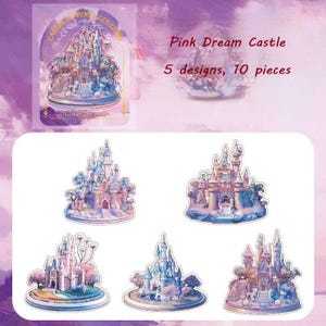 Pink Dream Castle stickers – pastel pink and lavender castle with pearl glow, perfect for journaling or decoration.