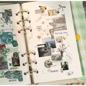 May include: A six-ring binder planner open to two pages filled with various stickers, including a butterfly, Snoopy, flowers, and text snippets like "The lucky ones" and "Keep smiling life is beautiful." The pages feature a collage of green-toned images.