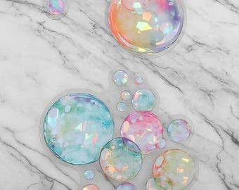 Holografisch stickerpakket van 10 dromerige bubbels – iriserende PET-bubbels voor journaling, scrapbooking, planners, telefoonhoesje en laptopdecor