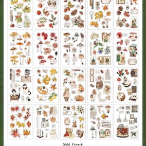 May include: A collection of 20 sticker sheets with a Wild Forest theme. Each sheet features various illustrations of mushrooms, leaves, animals, and other nature-inspired designs. The page size is 4.1*5.8 inches.