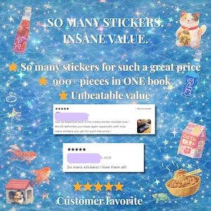 Op de afbeelding: Een promotieafbeelding met een blauwe achtergrond, met de tekst "SO MANY STICKERS. INSANE VALUE." en "So many stickers for such a great price. 900+ pieces in ONE book. Unbeatable value." De afbeelding bevat verschillende stickerontwerpen en klantbeoordelingen.