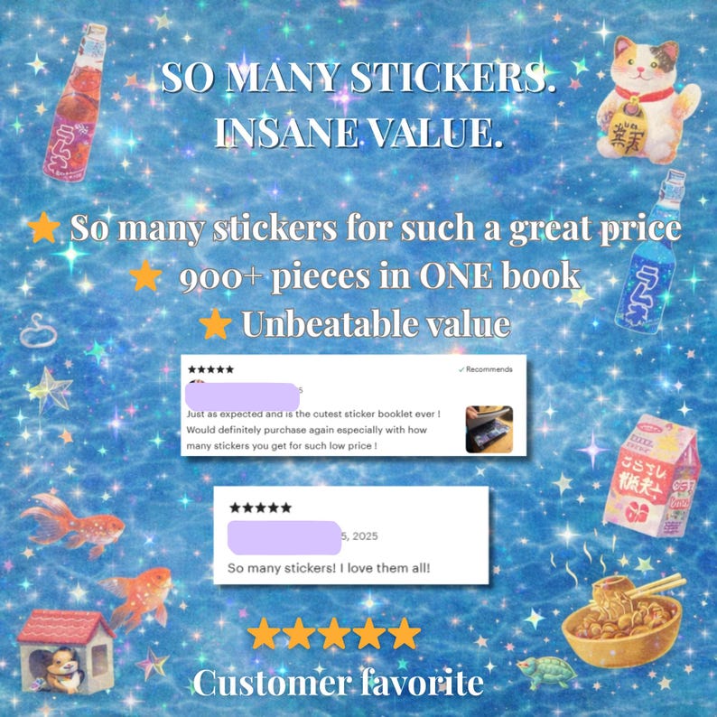 Op de afbeelding: Een promotieafbeelding met een blauwe achtergrond, met de tekst "SO MANY STICKERS. INSANE VALUE." en "So many stickers for such a great price. 900+ pieces in ONE book. Unbeatable value." De afbeelding bevat verschillende stickerontwerpen en klantbeoordelingen.