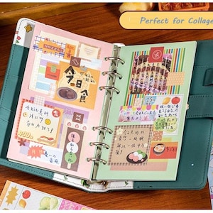 May include: Open teal binder with pages decorated with colorful stickers, Japanese text, and illustrations. The binder is open to reveal the decorated pages, with a yellow banner that reads "Perfect for Collage".