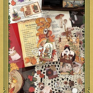 May include: A collage of vintage ephemera, including botanical illustrations, mushroom cutouts, and a cat illustration. The composition features a variety of textures and colors, with handwritten text and decorative elements. The overall theme is a scrapbook or journal aesthetic.