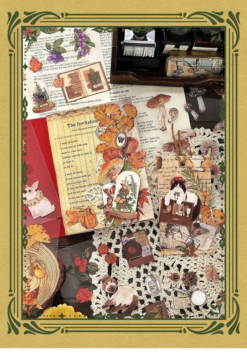 May include: A collage of vintage ephemera, including botanical illustrations, mushroom cutouts, and a cat illustration. The composition features a variety of textures and colors, with handwritten text and decorative elements. The overall theme is a scrapbook or journal aesthetic.