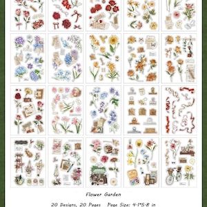 May include: A collection of floral stickers with various designs, including roses, tulips, and other flowers. The stickers are arranged on individual sheets, with the text "Flower Garden" and "20 Designs, 20 Pages Page Size: 4.1*5.8 in" at the bottom.