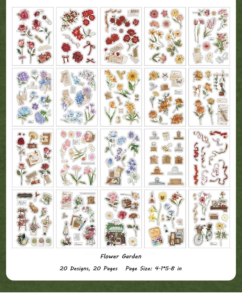 May include: A collection of floral stickers with various designs, including roses, tulips, and other flowers. The stickers are arranged on individual sheets, with the text "Flower Garden" and "20 Designs, 20 Pages Page Size: 4.1*5.8 in" at the bottom.
