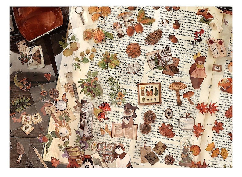 May include: A collection of vintage-style stickers featuring botanical and woodland elements. The stickers include illustrations of mushrooms, leaves, acorns, butterflies, and a bear. The background is a collage of old book pages.