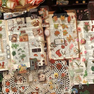 May include: A collection of decorative stickers featuring vintage cameras, leaves, flowers, and other botanical and travel-themed designs. The stickers are arranged on open books and a clipboard, with a lace doily in the foreground.