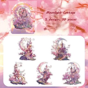 Moonlight Cottage stickers – pink and purple moon castle with holographic shine, PET stickers for planners and crafts.