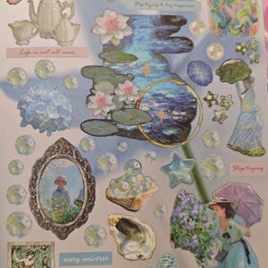 May include: A collage of stickers and illustrations featuring a variety of designs. Includes a teapot set, a butterfly, a frog, a woman with an umbrella, and text that reads "Life is not all roses", "Stop trying to buy happiness", and "every universe".