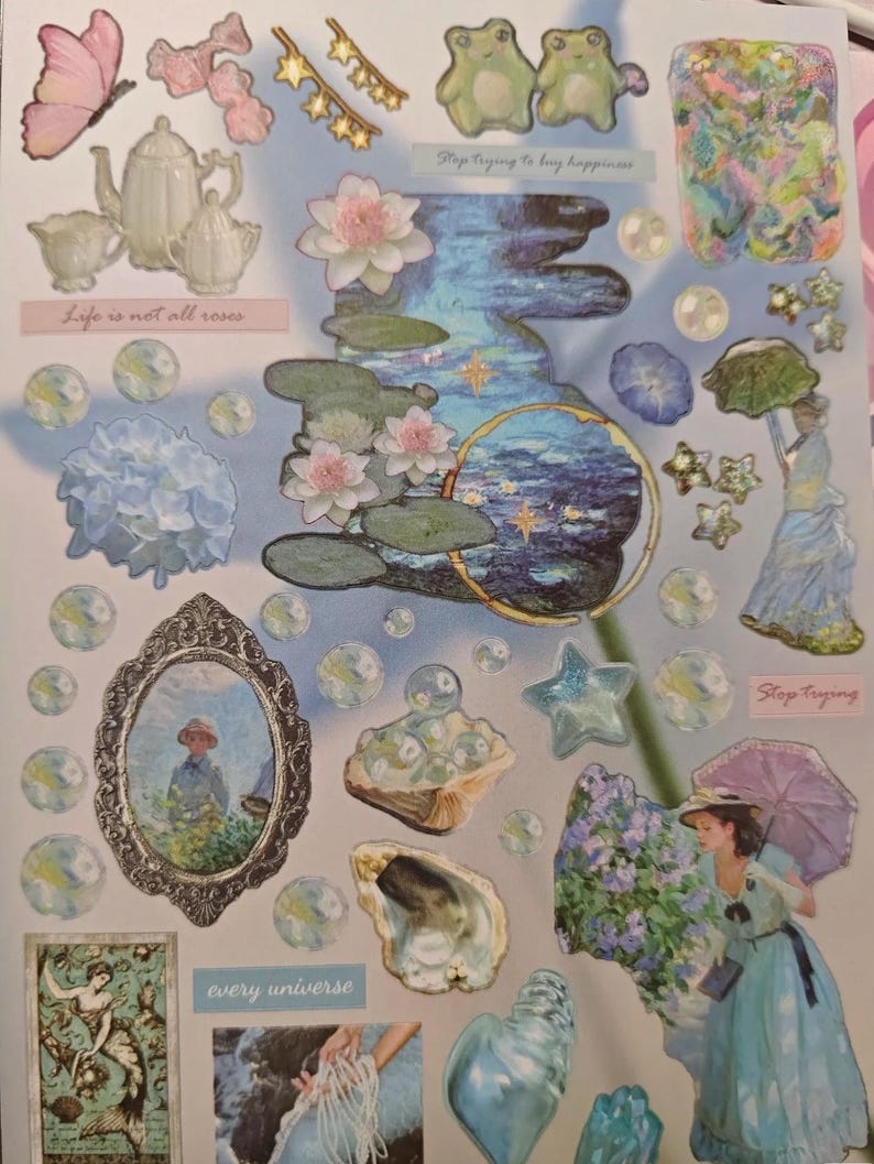 May include: A collage of stickers and illustrations featuring a variety of designs. Includes a teapot set, a butterfly, a frog, a woman with an umbrella, and text that reads "Life is not all roses", "Stop trying to buy happiness", and "every universe".