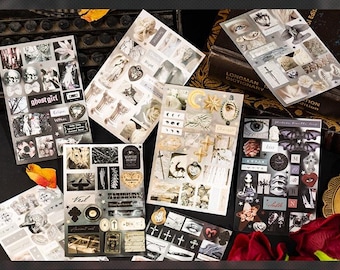 Mörk estetisk klistermärkesbok, gotiska collagejournalklistermärken, ockult ängelcore scrapbook-ephemera, vintage mörk akademisk dekorationspaket