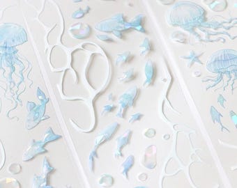 Iridescent Ocean Washi Tape – Holographic Jellyfish Die Cut PET Tape, Sea Life Aesthetic Journal & Scrapbook Decor