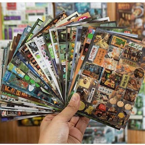 Op de afbeelding: Een hand houdt een waaier van kleurrijke stickers vast. De stickers tonen diverse ontwerpen, waaronder Japanse tekst, voedselillustraties en landschapsgezichten. De stickers zijn in verschillende maten en vormen, met een glanzende afwerking.