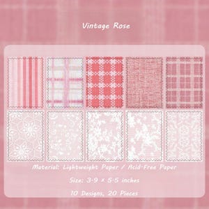 May include: A set of 10 Vintage Rose paper designs featuring pink and white patterns including stripes, plaids, and floral lace. The text reads: Vintage Rose, Material: Lightweight Paper / Acid-Free Paper, Size: 3.9 x 5.5 inches, 10 Designs, 20 Pieces.