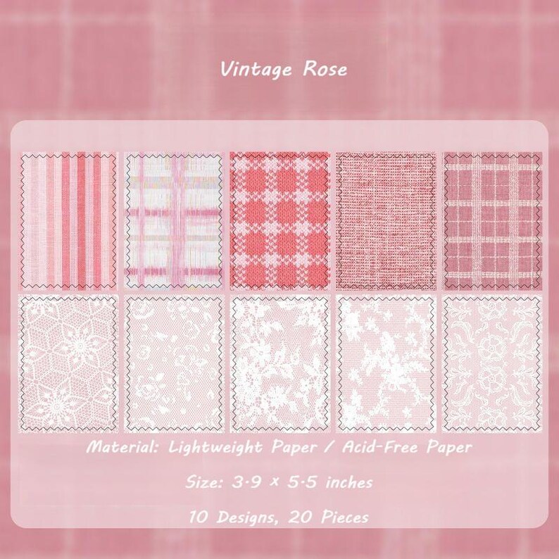 May include: A set of 10 Vintage Rose paper designs featuring pink and white patterns including stripes, plaids, and floral lace. The text reads: Vintage Rose, Material: Lightweight Paper / Acid-Free Paper, Size: 3.9 x 5.5 inches, 10 Designs, 20 Pieces.