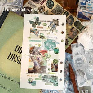 May include: A rectangular paper sheet with six punched holes along the right edge, featuring a collage of stickers including a butterfly, flowers, bottles, and text such as "Keep smiling life is beautiful" and "Escape the ordinary."