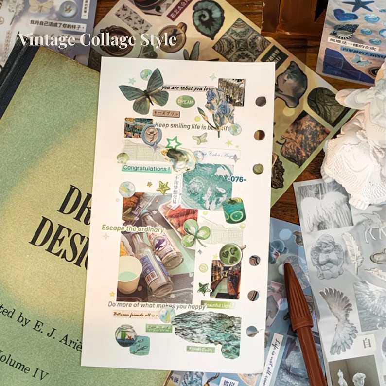 May include: A rectangular paper sheet with six punched holes along the right edge, featuring a collage of stickers including a butterfly, flowers, bottles, and text such as "Keep smiling life is beautiful" and "Escape the ordinary."