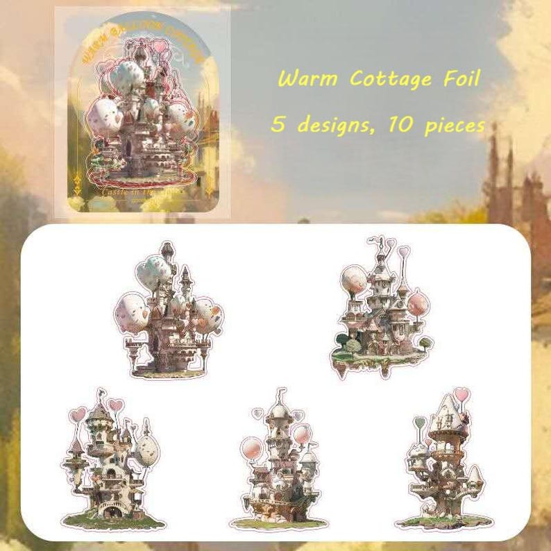 Warm Cottage Foil stickers – holographic fantasy house with balloons, holographic PET stickers for journaling and scrapbooking.