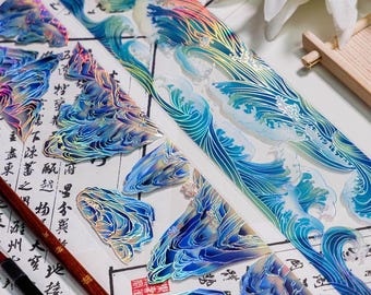Holografische PET-folietape — Waves Mountain Blue Landscape Folie Washi-tape, decoratieve tape voor journaling, scrapbooking en collagekunst