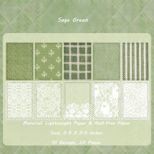 May include: Sage green paper pack with ten designs and twenty pieces. The pack includes various patterns, such as herringbone, floral, plaid, and lace. The paper is lightweight and acid-free, with dimensions of 3.9 x 5.5 inches.