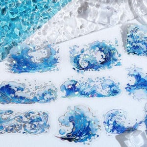 Blue Holographic Water Ripple Stickers – Winter Ocean Aesthetic PET Stickers for Journaling, Scrapbooking & Christmas Holiday Decor 20pcs