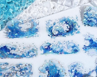 Blue Holographic Water Ripple Stickers – Winter Ocean Aesthetic PET Stickers for Journaling, Scrapbooking & Christmas Holiday Decor 20pcs