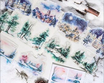Winterlandschaft Aufkleber | PET Die-Cut Schnee Landschaft Aufkleber | Schneebedeckte Stadt, Waldhütte, Fensterausblick, See, Hütte | Zeitschrift Scrapbooking