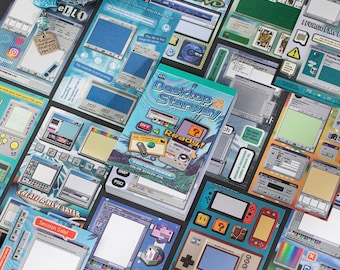 May include: A collection of retro-themed computer and gaming stickers featuring various window interfaces, pixel art, handheld consoles, and digital icons. The designs include text like Desktop Starway, Ready, and Glitch, with a colour palette of blue, green, and grey.