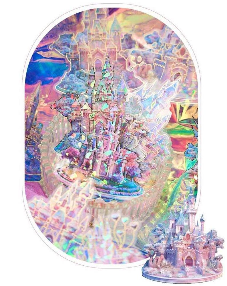 Op de afbeelding: Een holografische sticker met een fantasiekasteelontwerp in roze, blauwe en paarse tinten. De ovale sticker heeft een witte rand en een miniatuur kasteelmodel aan de onderkant. Het ontwerp roept een sprookjesthema op.