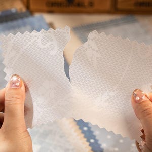 May include: Two pieces of white lace-patterned paper are being torn apart, revealing a delicate floral design. The paper has a scalloped edge and is held by hands with manicured nails. Other patterned papers are in the background.