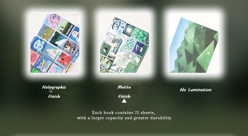 Op de afbeelding: Afbeelding van drie boekomslagen met verschillende afwerkingen: holografisch, mat en zonder laminering. Elk boek bevat 72 vellen, met een grotere capaciteit en duurzaamheid. De holografische omslag heeft kleurrijke afbeeldingen, de matte omslag is groen en de zonder laminering heeft een groen landschap.