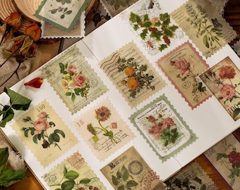 Vintage Stamp Washi Stickers Set – 60pcs Self-Adhesive Paper Ephemera for Journaling, Scrapbooking, Collage, Retro Plant & Classic Art